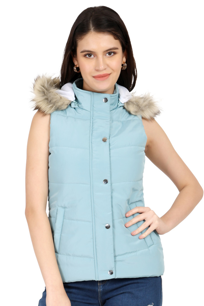 Women’s Half Sleeves Quilted Jacket With Button Placket in Sea Green